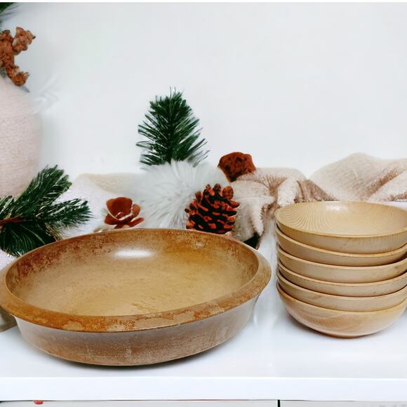 7 PC Wooden Salad Bowl Set Distressed Rustic Retro Wood Handmade Japan Vintage - Picture 1 of 16